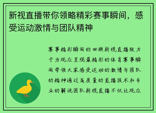新视直播带你领略精彩赛事瞬间，感受运动激情与团队精神